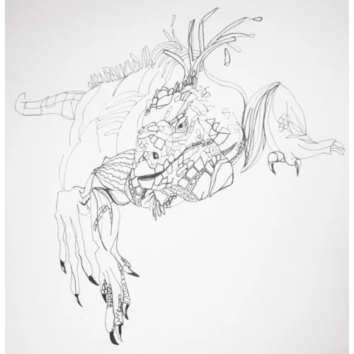 Outlining an iguana with a pen