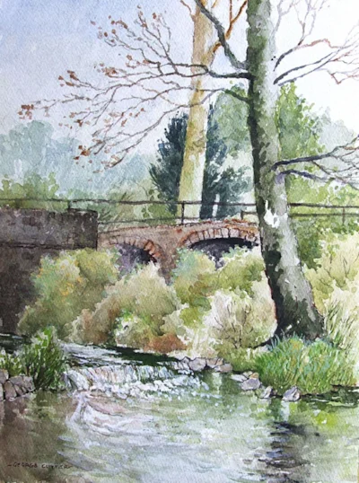 Old bridge to the Brass Mill Publow. Line and Wash WC